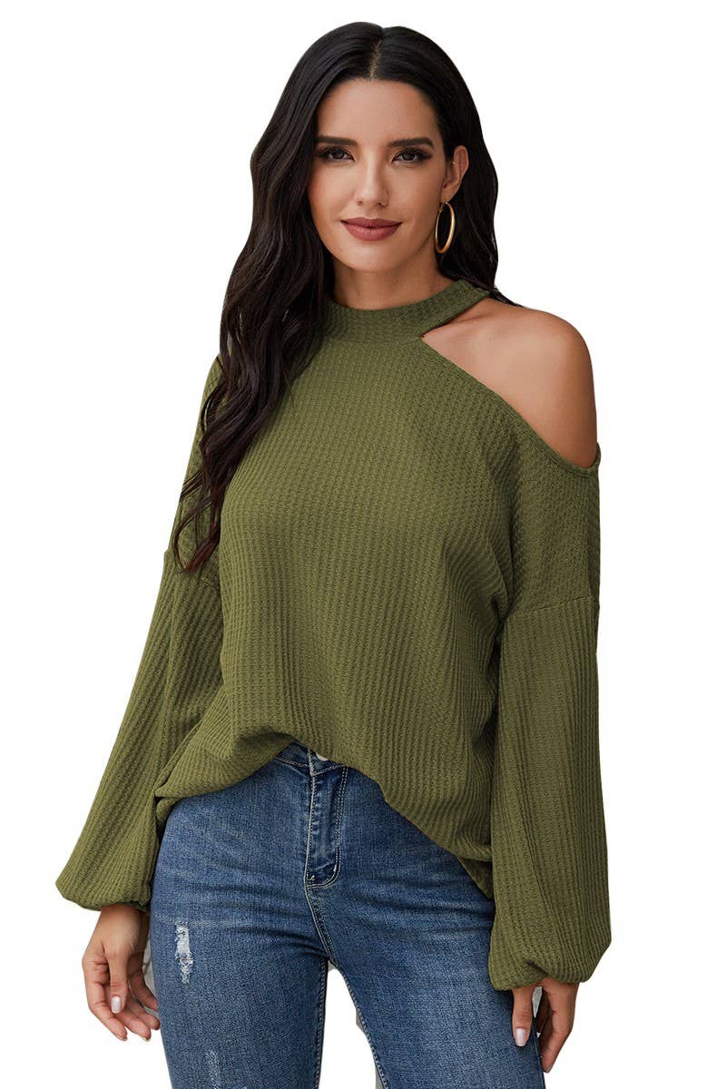 Olive Solid Crew Neck Open Shoulder Top - Clearance for wholesale on Faire0
