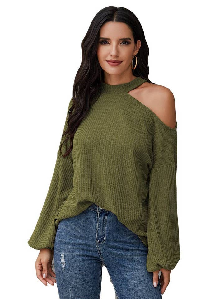 Olive Solid Crew Neck Open Shoulder Top - Clearance for wholesale on Faire