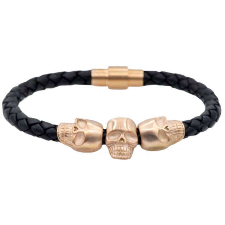 Men's Black Leather And Rose Stainless Steel Skull Bracelet for wholesale by Blackjack Mens Jewelry