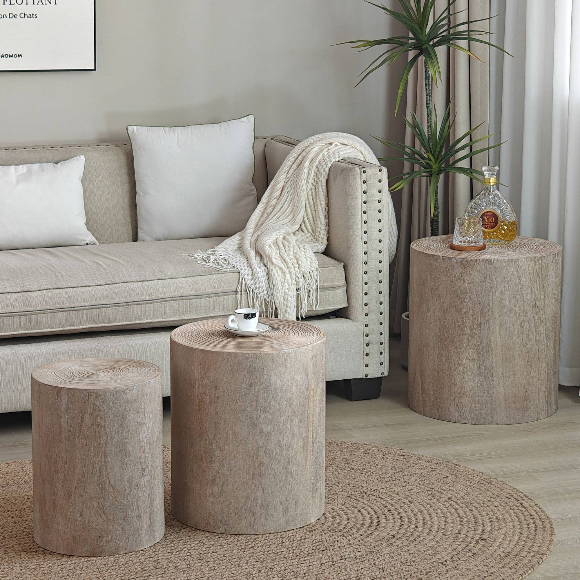 39F Inc. - Wholesale Coffee Table - Set of 3 Whitewashed Wood Coffee & End Tables, Plant Stands4