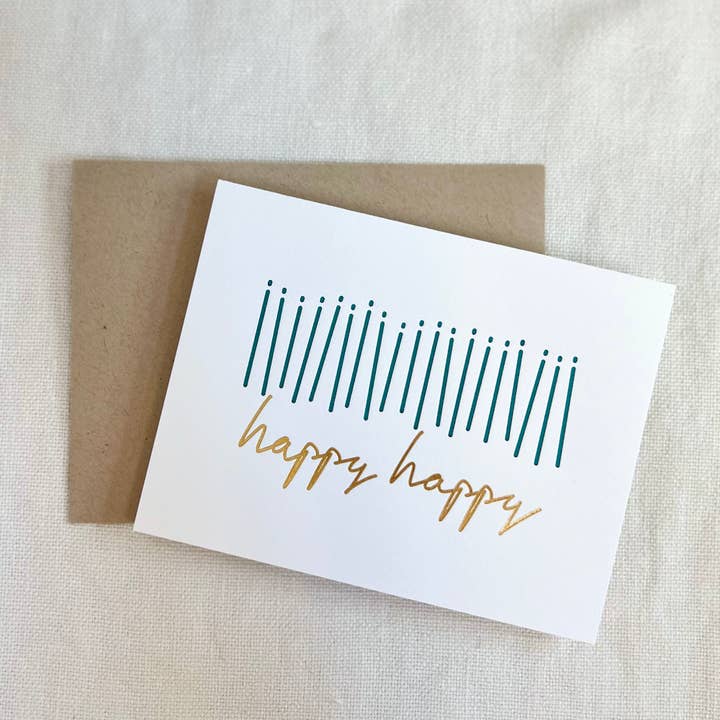 Happy Happy Blank Teal Gold Foil Greeting Card for wholesale by Stephanie's Paper Shop