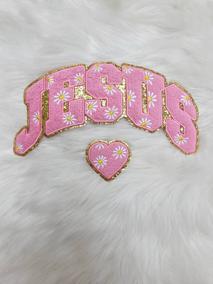 Pink JESUS with Daisy Flowers and Heart Chenille on Gold Glitter Iron-on Patch for wholesale by Scratch Decor