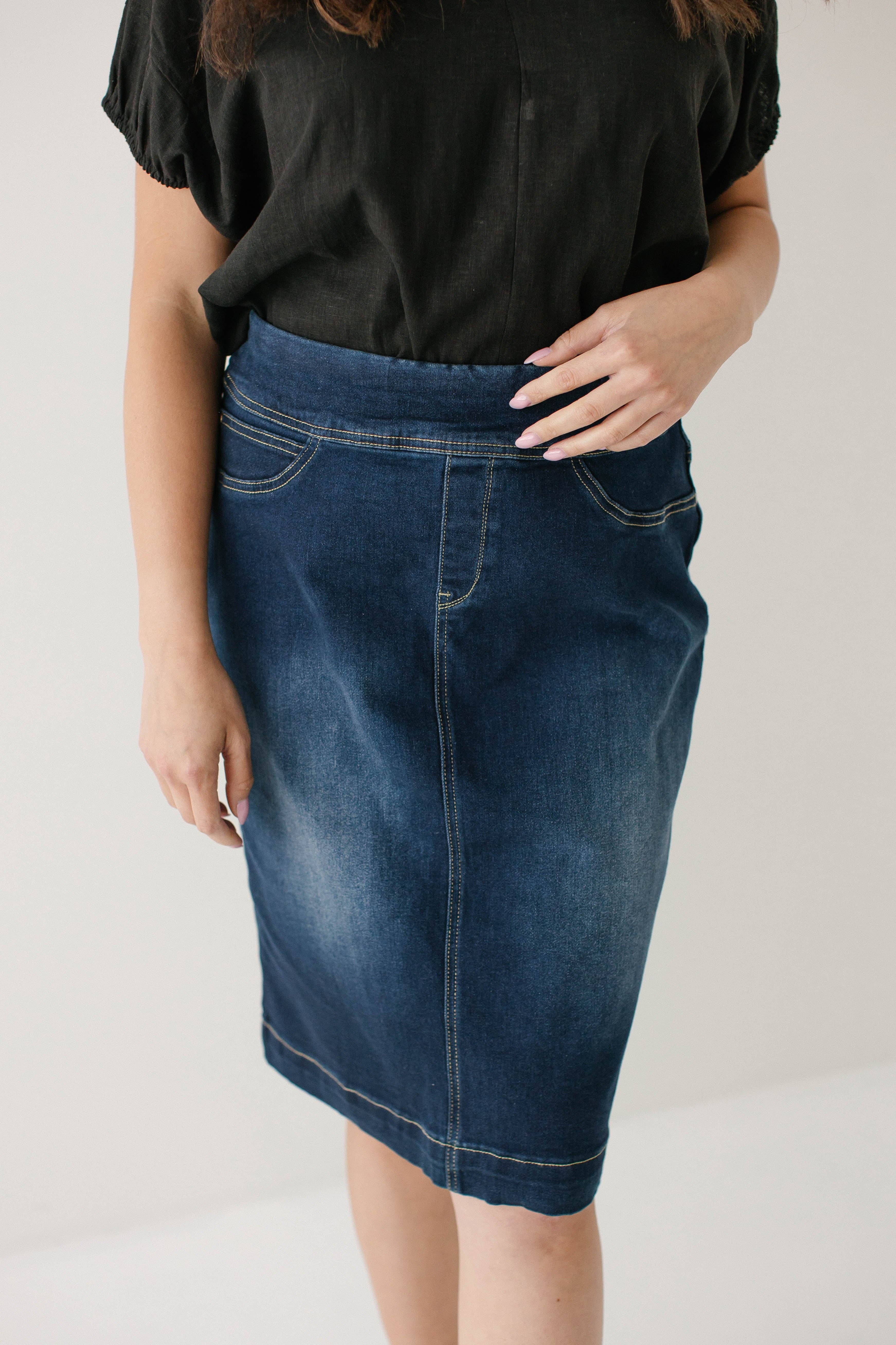 'Sara' Classic Knee Length Dark Denim Skirt for wholesale on Faire1
