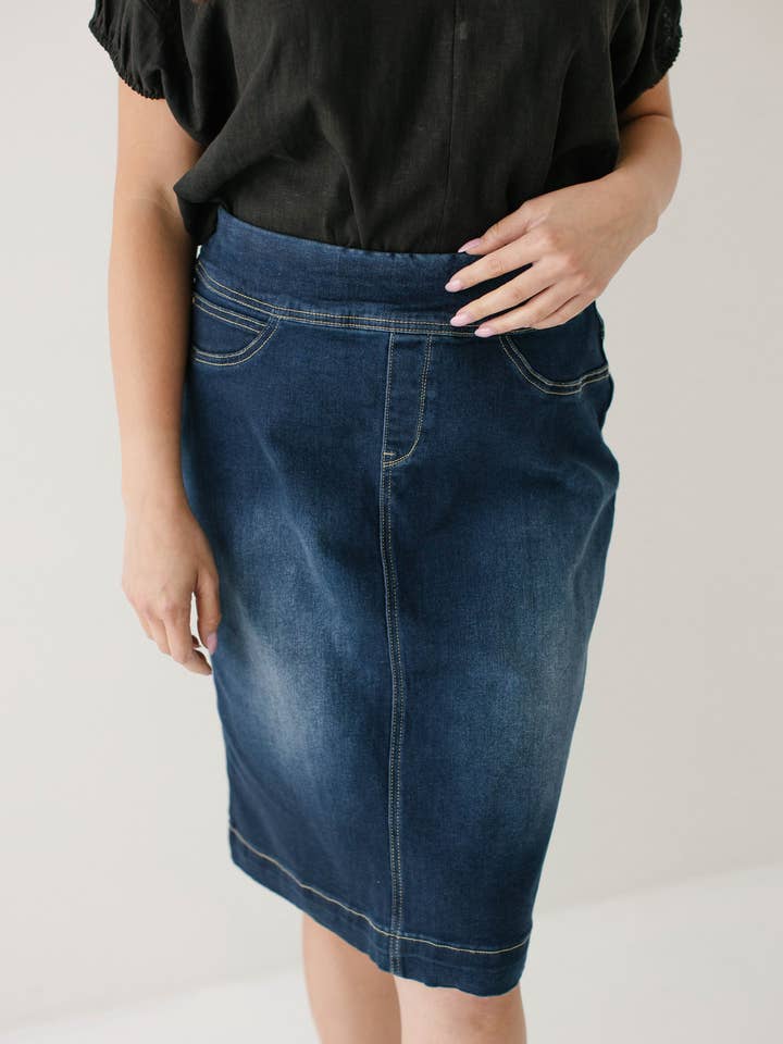 'Sara' Classic Knee Length Dark Denim Skirt for wholesale on Faire1