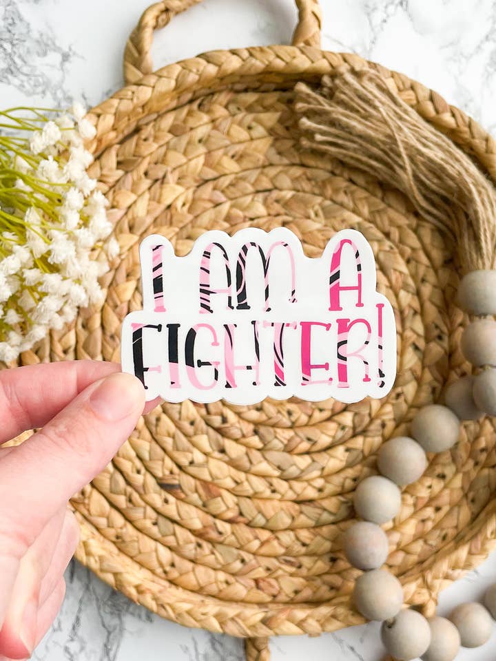 Breast Cancer Fighter Sticker 3" x 1.92" for wholesale by William Marie Designs