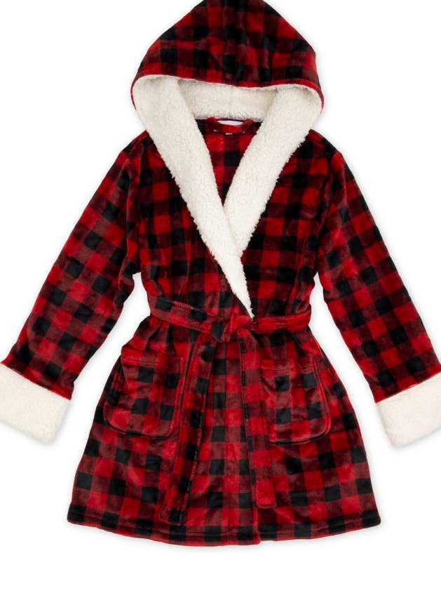 Weddingstar Inc. - Wholesale Robe - Women's - Women's Fluffy Plush Robe With Hood- Buffalo Plaid