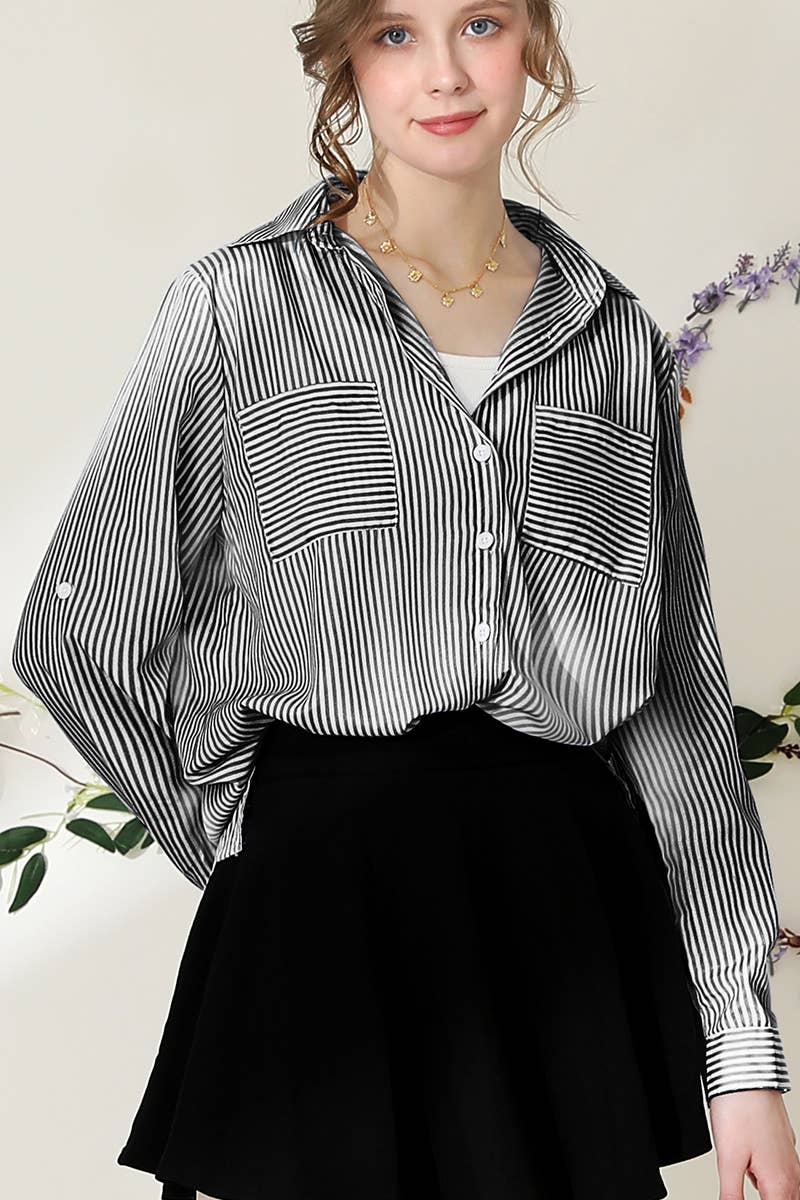 Wholesale CWTSTL716_Striped Button Down Long Sleeve Collared Shirts for