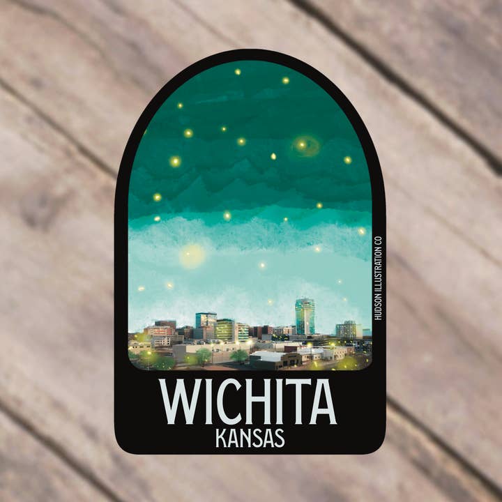 Adesivo/magnete/stampa/cartolina Wichita Kansas per la vendita all'ingrosso da parte di Hudson Illustration Co - About Town Co
