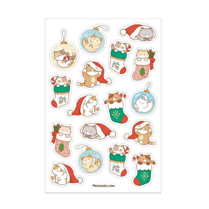 Christmas Cats Sticker Sheet for wholesale by Meowashi Studio