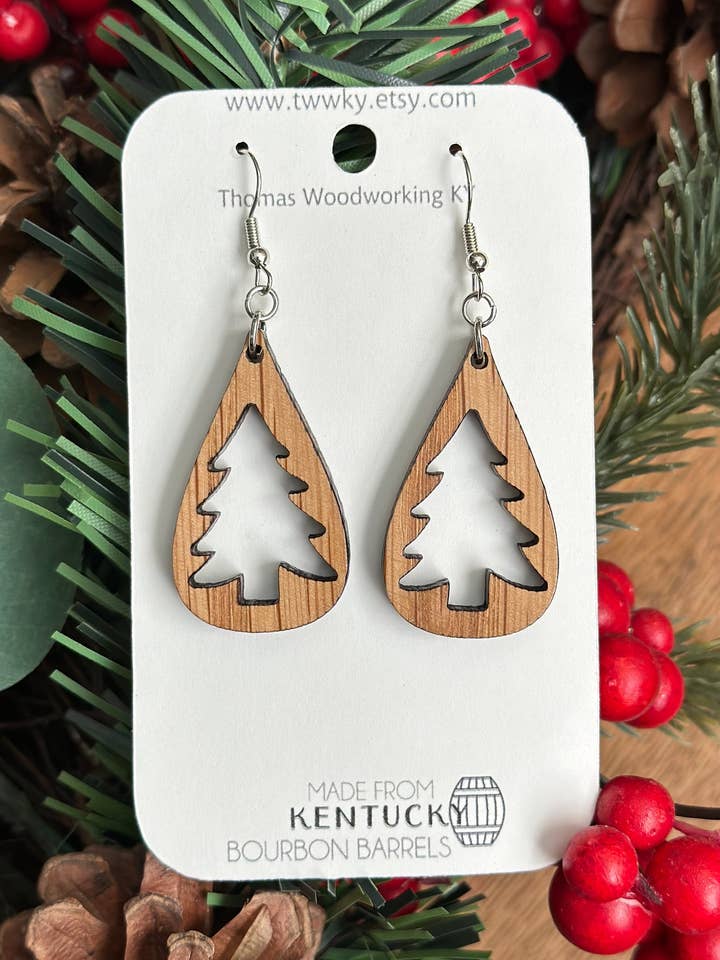 Bourbon Barrel Wood Christmas Tree Cutout Earrings for wholesale by TWWKY