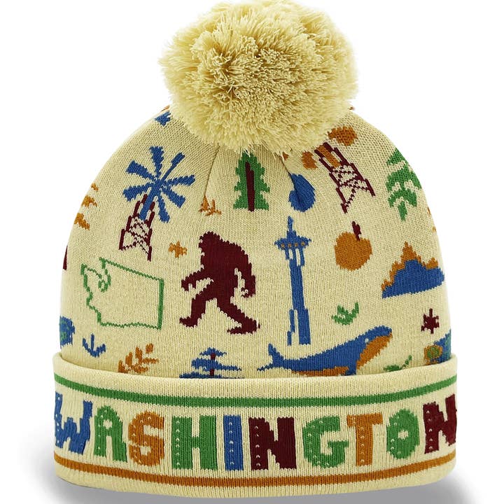 Northern Icons Creations INC - Vente Bonnet – unisexe - Bonnet en tricot avec pompon de l'État de Washington | Souvenir d'hiver Bigfoot en plein air1