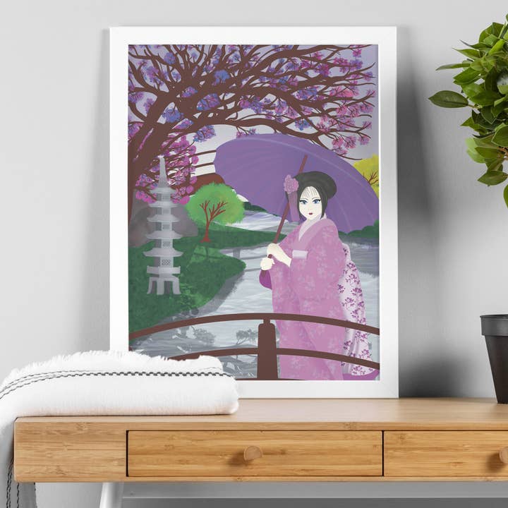 Japanese Geisha with cherry blossom trees print for wholesale by Prints With Personality