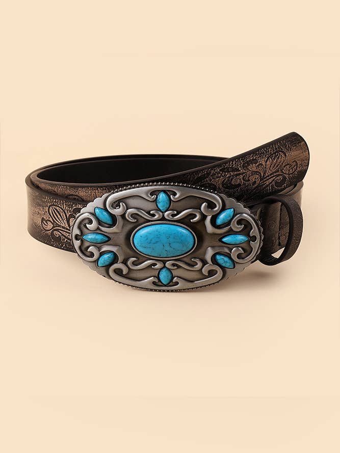 Western Turquoise Blue Stone PU Leather Belts ZZKF048 for wholesale by UNISHE