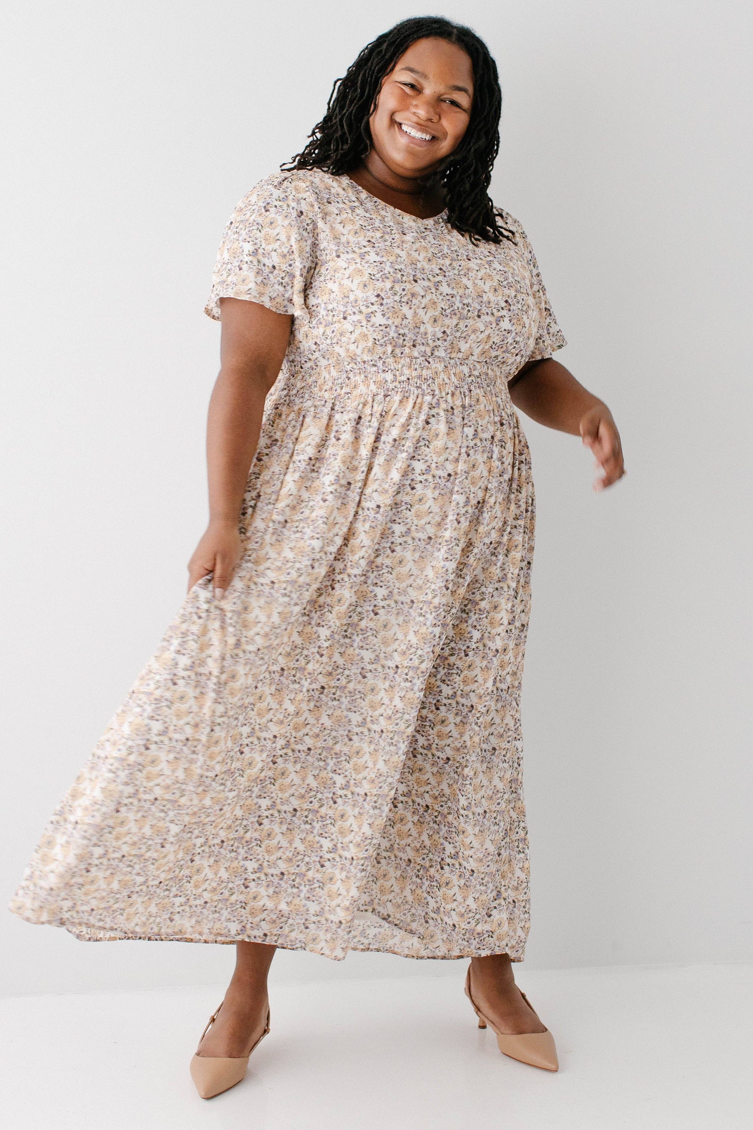 Ivory 'Felicity' Floral Print Smocked Waist Maxi Dress for wholesale on Faire7