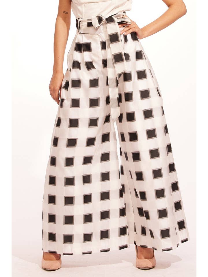 Belted Wide-Leg Pants - Black and White Check for wholesale on Faire