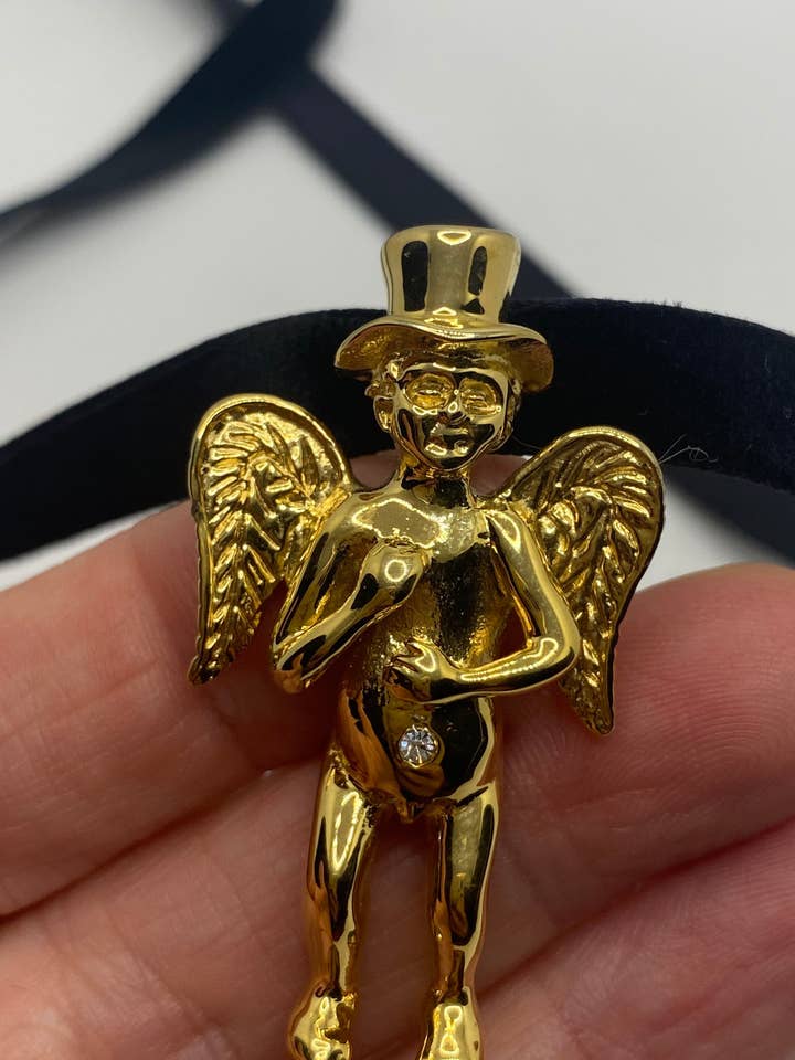Vintage Handmade Gold Stainless Steel Guardian Angel Choker Pendant Necklace for wholesale by Nemesis Jewelry NYC