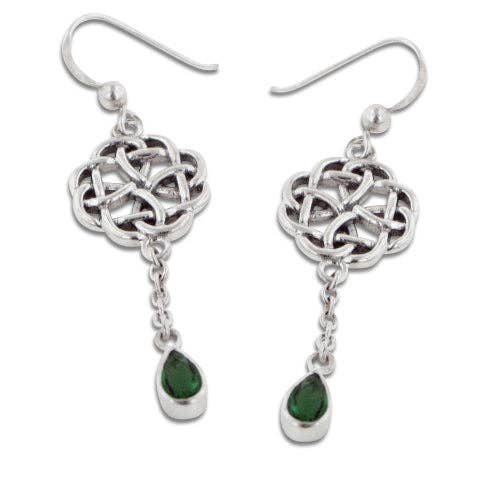 Silver Insanity - Wholesale Dangle Earrings - Sterling Silver Classic Irish Celtic Knot and Emerald-Green Glass Drop Earrings3