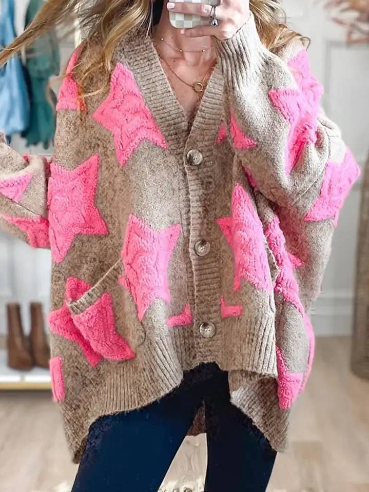 Lovesoft - Wholesale Cardigan - Women's - Pink Sherpa Star Knit Button Cardigan with Pockets3
