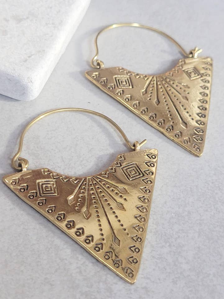 Brass tribal style earrings: Gold bohemian jewellery for wholesale by Laboheme