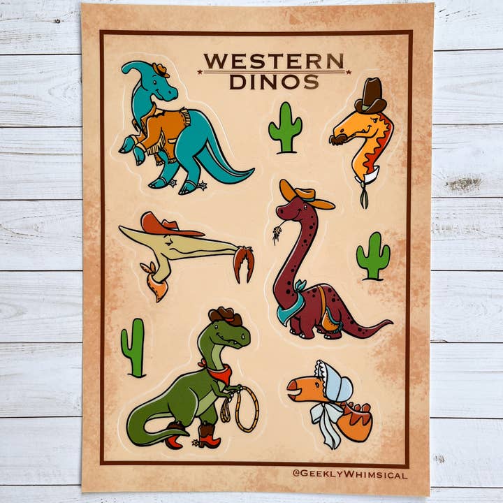 Folha de Autocolantes Dinos do Oeste por atacado de Geekly Whimsical