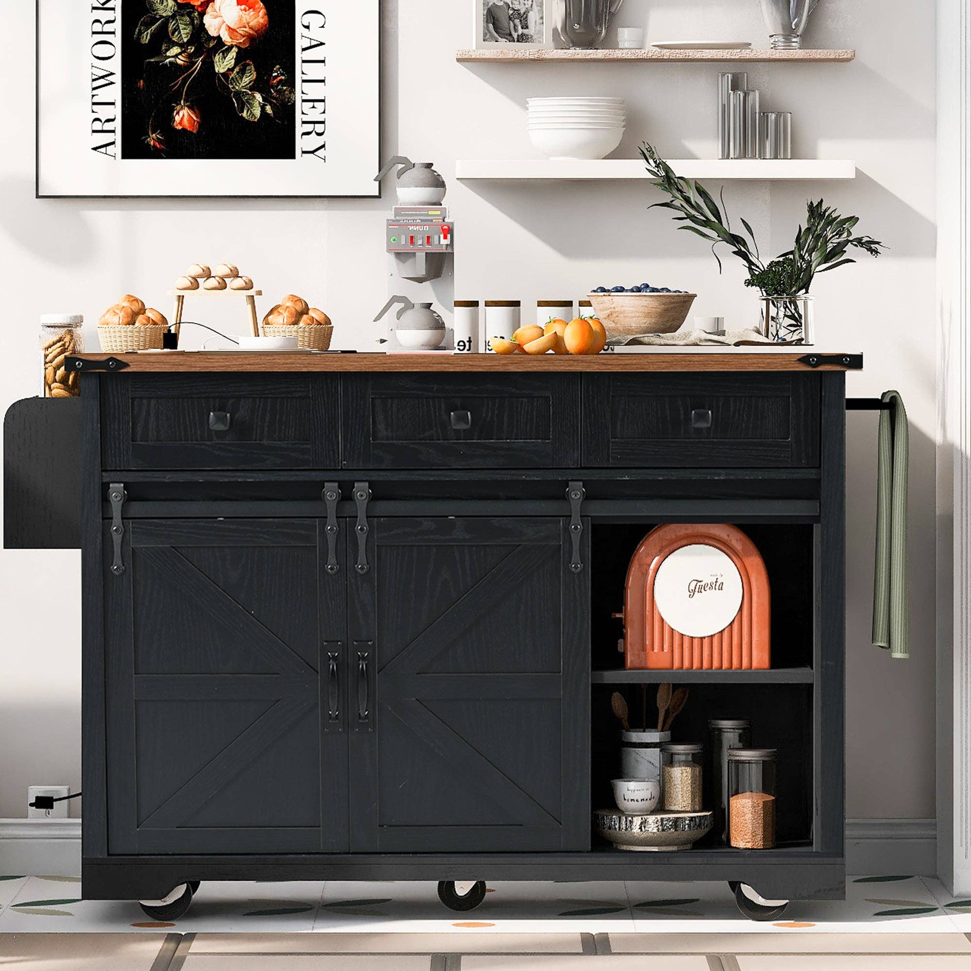 Orange County Decor - Wholesale Kitchen Storage/Organizer - K&K 53.7" Farmhouse Kitchen Island With Power Outlet, 2 Sliding Barn Door Kitchen Storage Island With Drop Leaf, Spice Rack Rolling Kitchen Cart On Wheels, For Home, Kitchen And Dining Room, Black16
