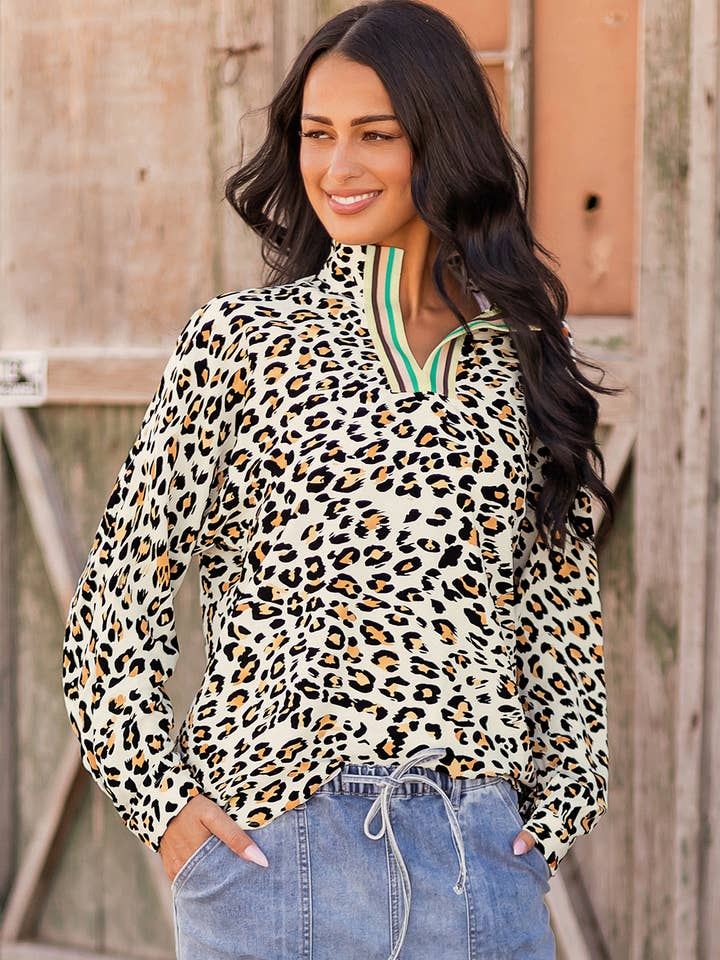 Fashion-W Leopard Print Contrast Striped V Neck Blouse for wholesale by fashionworks