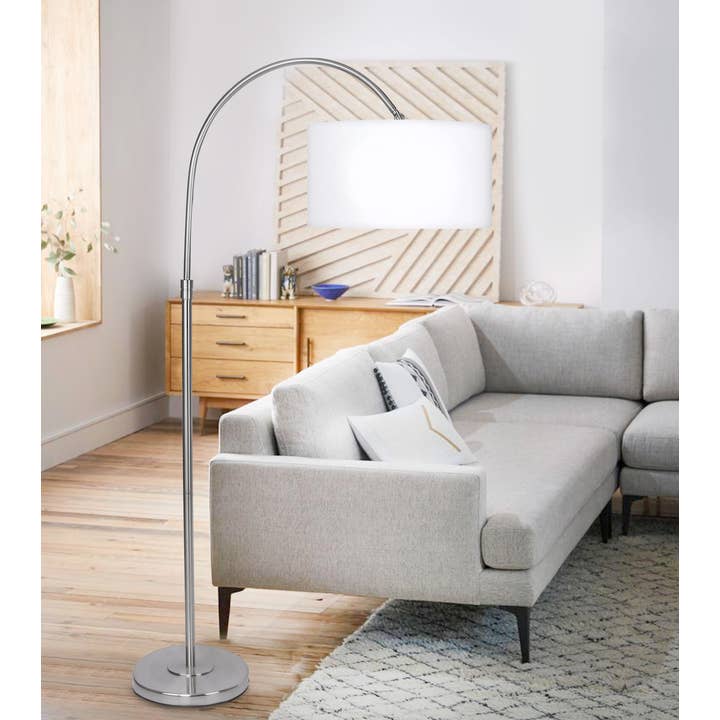 Gold Plated Off White 63.5" Arc Floor Lamp w/ Off-White Linen Hanging Drum Shade for wholesale on Faire8