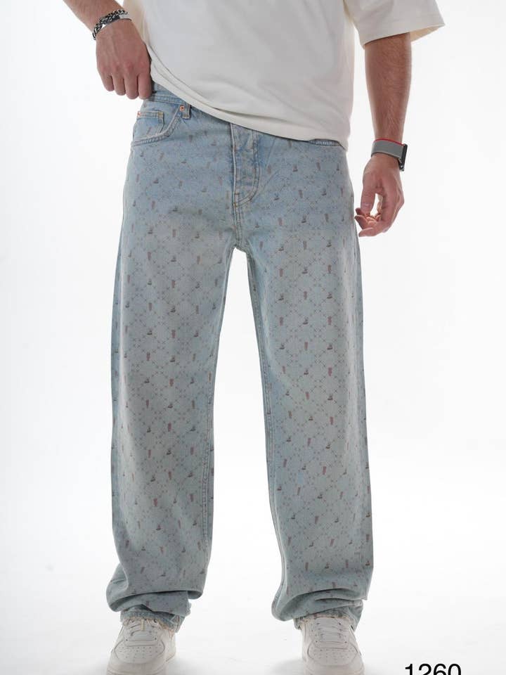 Jeans a Gamba Larga Azzurri con Motivo da Uomo 0325C1260 per la vendita all'ingrosso da parte di Monocloth