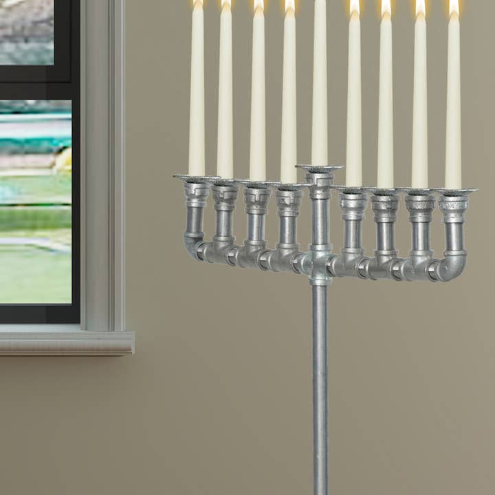 Quickway Imports - Wholesale Menorah - Industrial Galvanized Antique Silver Metal Pipe Hanukkah M4