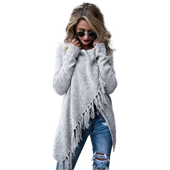 Mirazshoes WholeSale – wholesale Cardigan – Women’s – Long Sleeves Solid Color Tassel Loose Knitted Cardigan Outerwear8