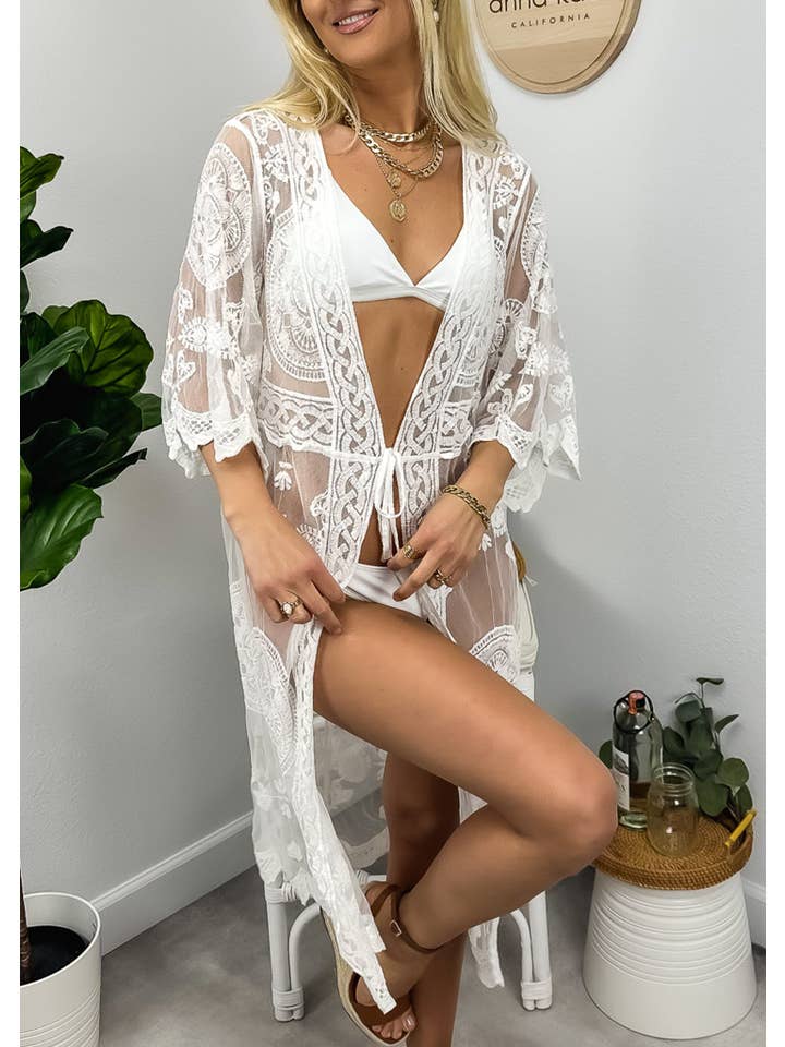 Anna Kaci Wholesale - Wholesale Swim cover-up – Women’s - Half Sleeve Tie Front Embroidered Lace Kimono Cardigan Cover2