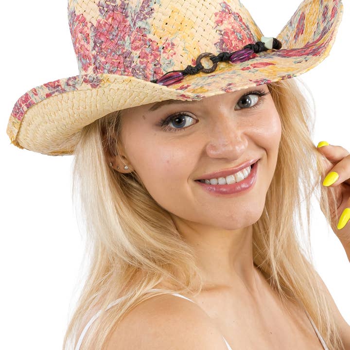 Cap Zone - Wholesale Cowboy Hat - Women's - Floral Print Raffia Paper Straw Cowboy Hat26