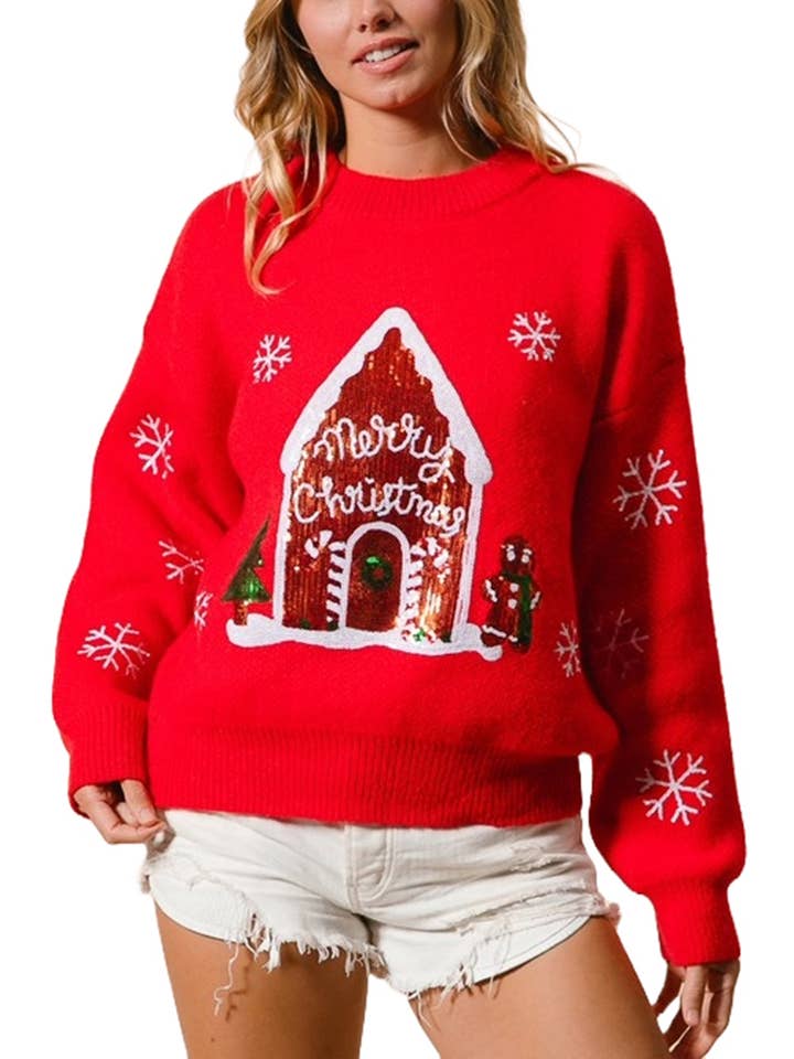 RED Sequin Christmas Gingerbread Snowflakes Sweater for wholesale on Faire