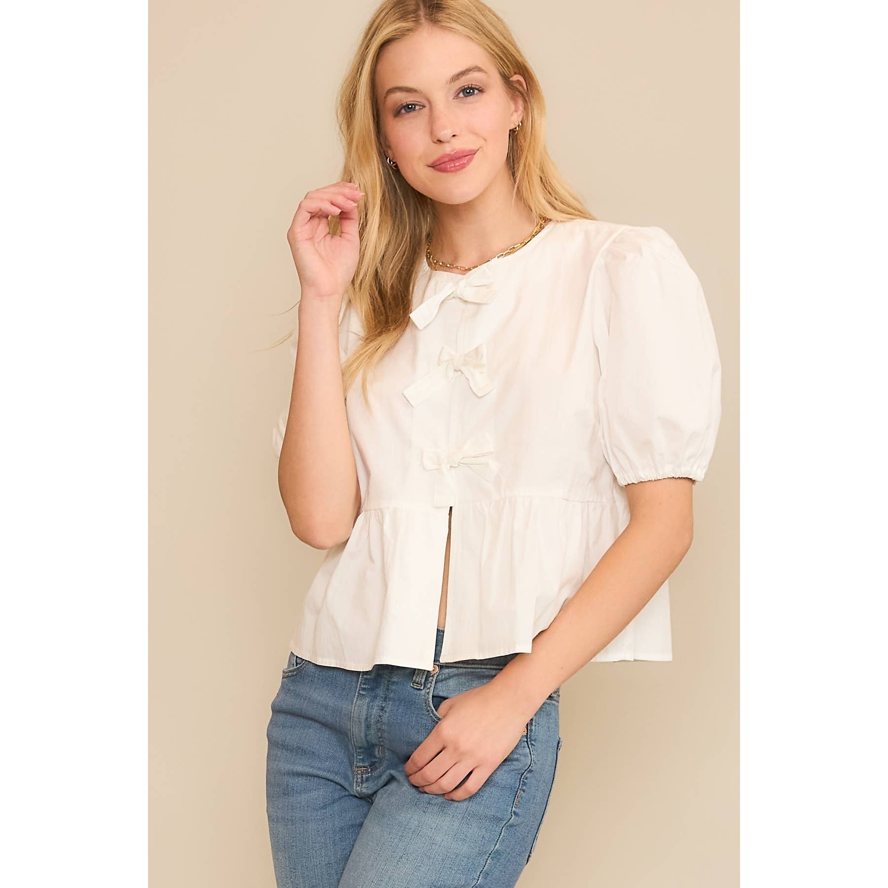 Sweet Generis – Großhandel Bluse – Damen – Babydoll-Bluse aus Baumwollgewebe mit offenem Vorderteil und Schleifendetails11