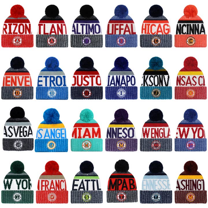 Football Sports City Embroidered Patch Knit Pom Beanies Hats for wholesale by ChoKoLids