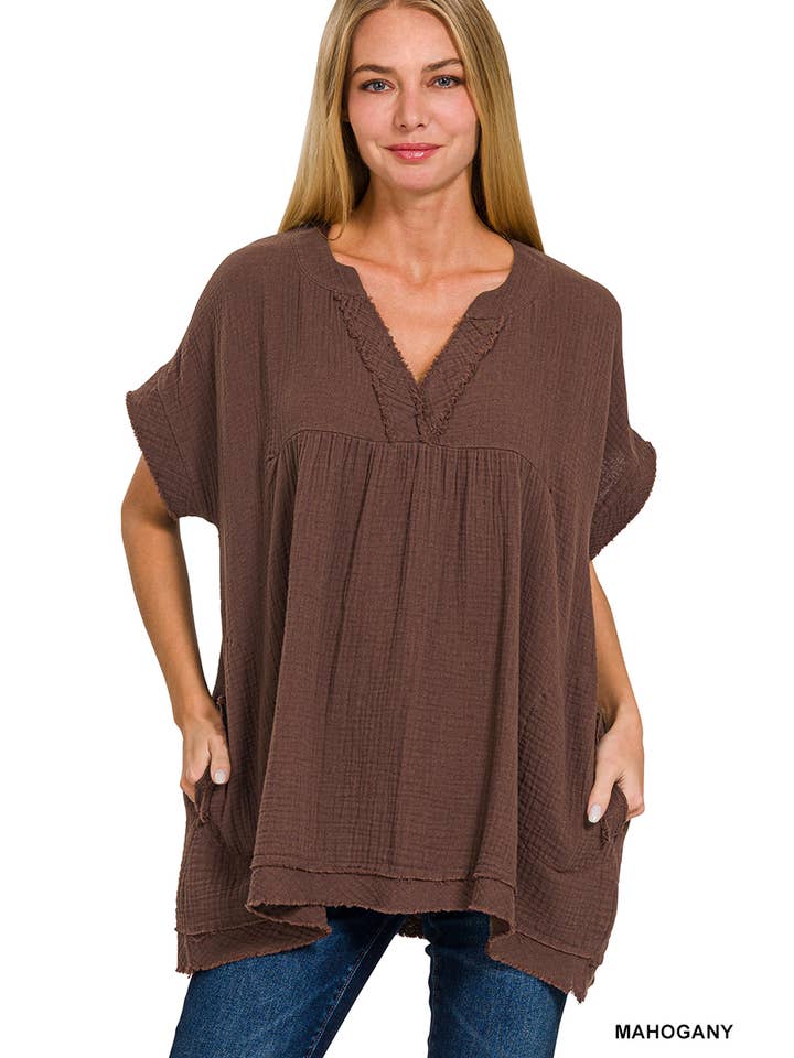 42POPS – wholesale Tunika - Dam – "Rå kant kortärmad V-ringad tröja18