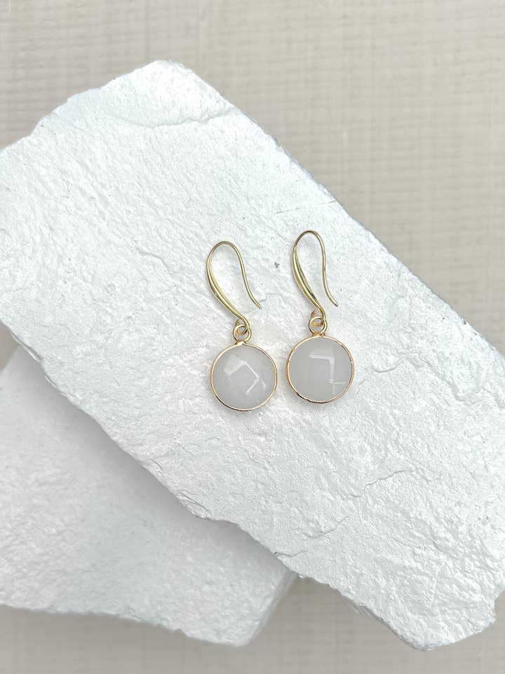 Jade White Round Gold Plated Earrings for wholesale by Roc Jewellery