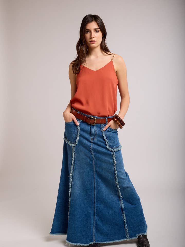 Toxik3 jupe en jean longue évasée détails effilochés for wholesale on Faire0