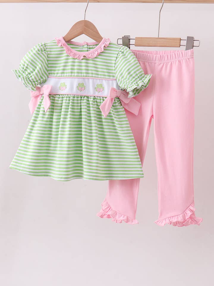 Green clover embroidery stripe bow pants set for wholesale by Mom & Co.