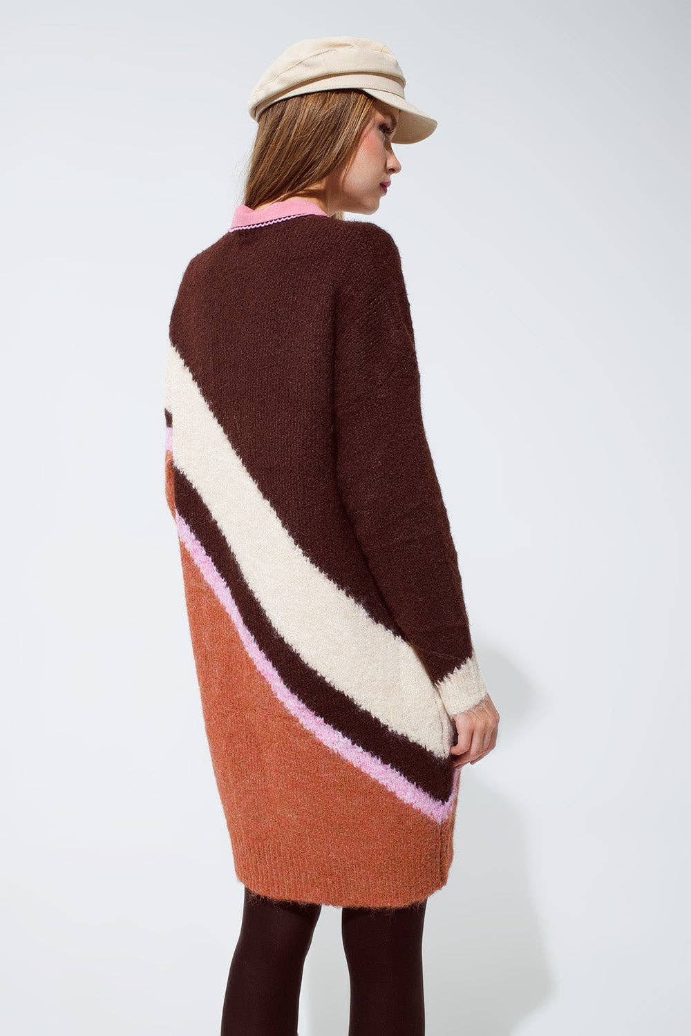 Brown striped oversized chunky knit dress with crew neck for wholesale on Faire1