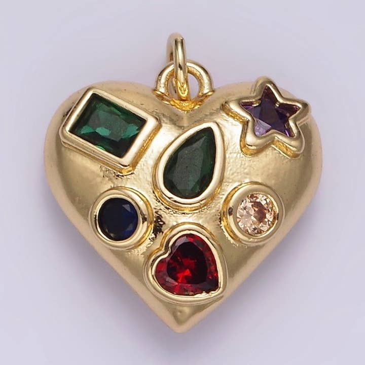 14K Gold Filled Multiple Geometric Multicolor CZ Chubby Filigree Heart Charm | AG522 for wholesale by Aim Eternal