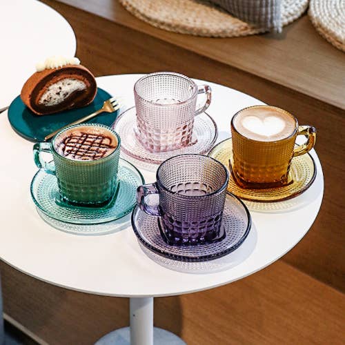 Retro Style Textured Colored Glass Coffee Cup with Saucer for wholesale by Our Dining Table