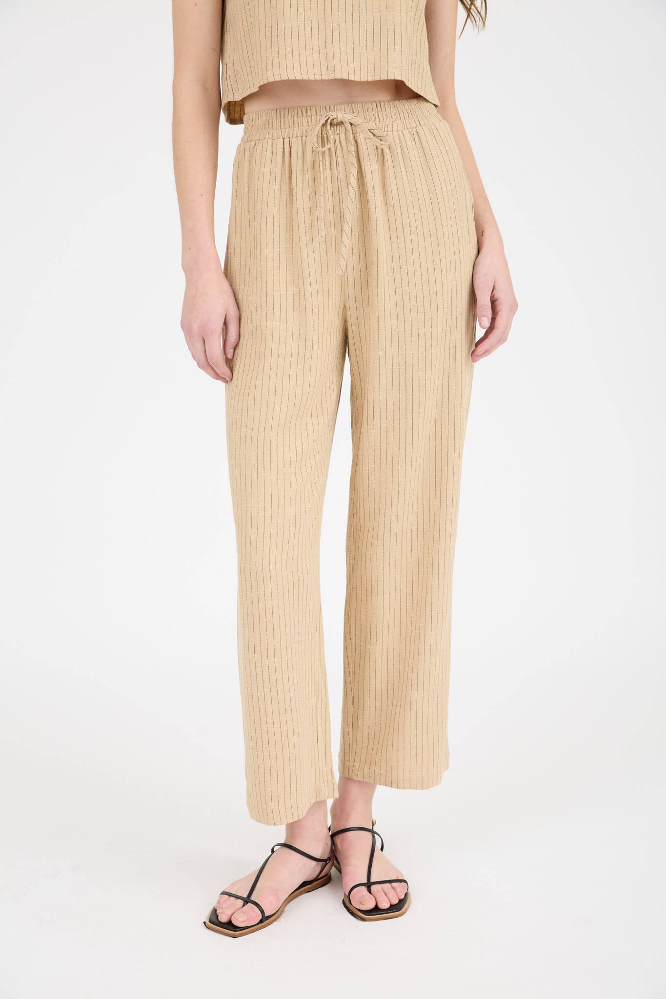 MINE - Wholesale Pants - Women's - PINSTRIPE DRAWSTRING STRAIGHT LEG LINEN PANTS