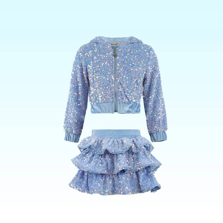 Ellie and Mila - Wholesale Top & Skirt Set - Kids - Blue Sequin Two Piece Set