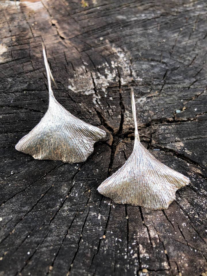 GINKGO | textured leaf earrings in Recycled Sterling Silver with Patina for wholesale by Ellie Begin Design