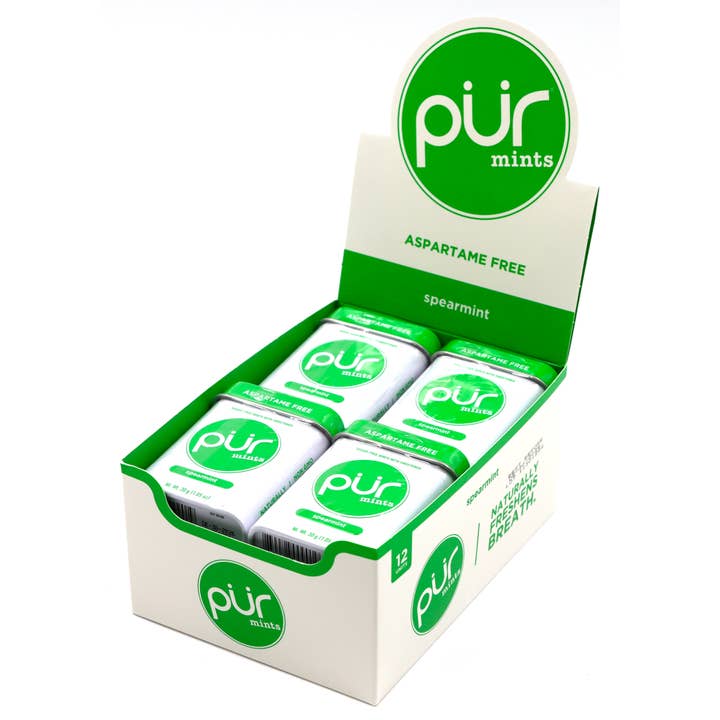 PUR Mints Spearmint 1.05oz Tin, 12ct Box for wholesale by Grandpa Joe's Candy Shop