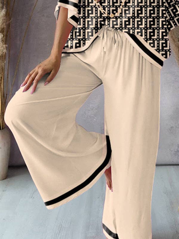 KHAKI Urban Loose Printed V-Neck T-Shirts Tops& Drawstring Wide Leg Pants Suits for wholesale on Faire