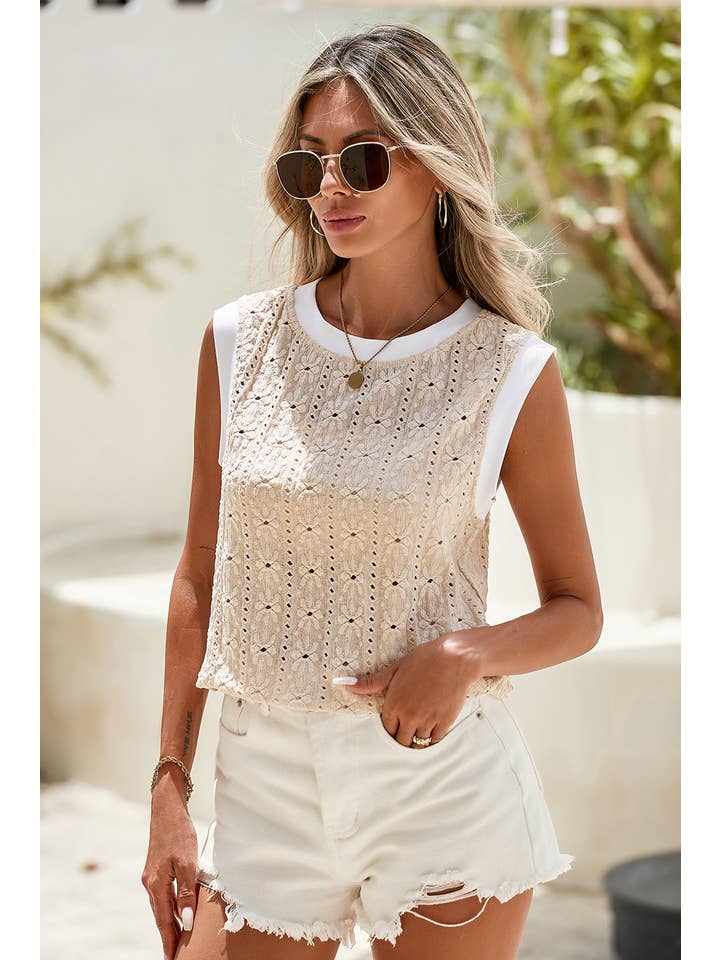 Oatmeal LDC Floral Textured Crew Neck Tank Top for wholesale on Faire