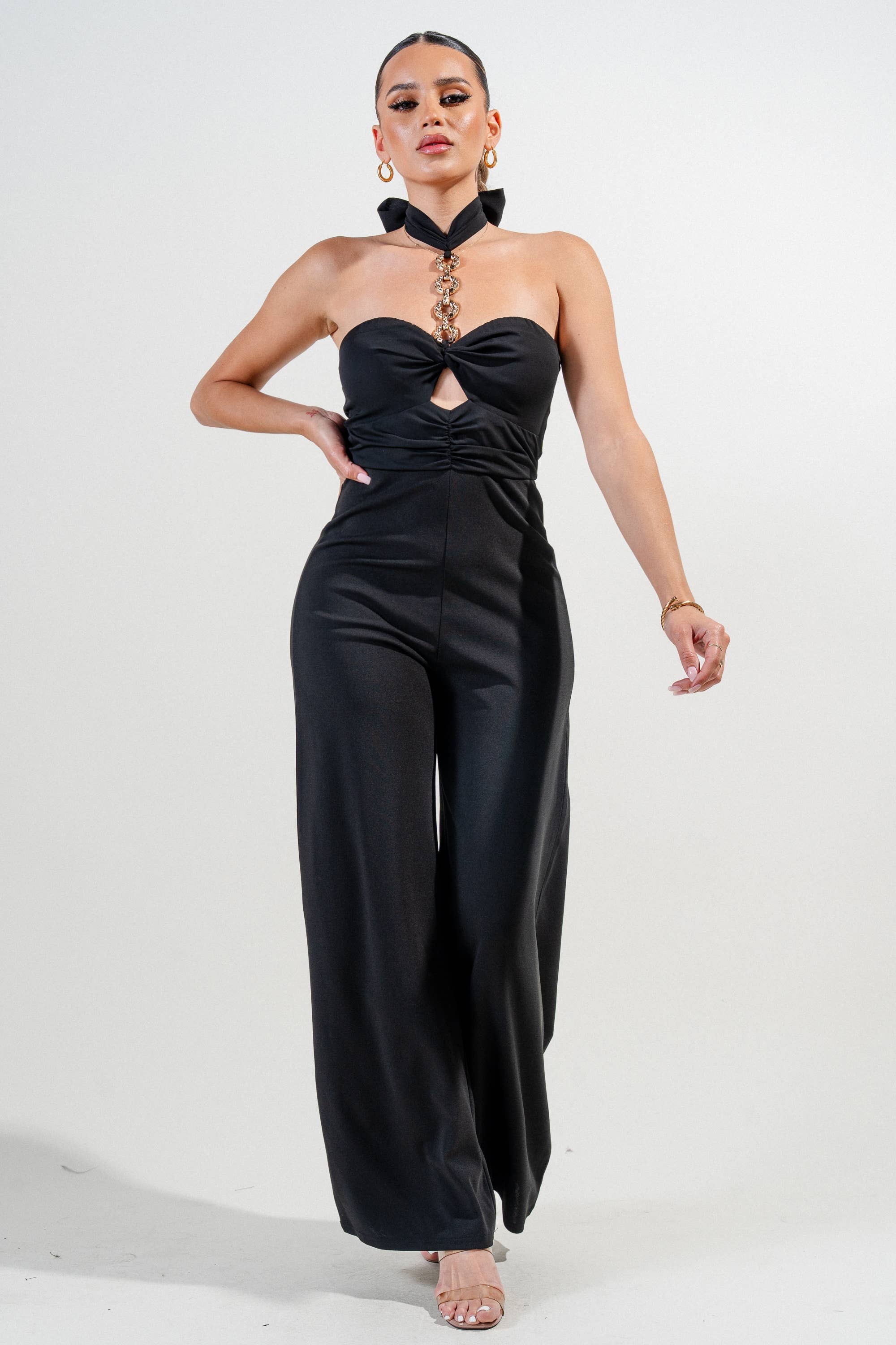 PRIVY - Wholesale Jumpsuit - Women's - PJKS11239B_CREPE CUTOUT TUBE TOP WITH CHAIN ACCENT JUMPSUIT