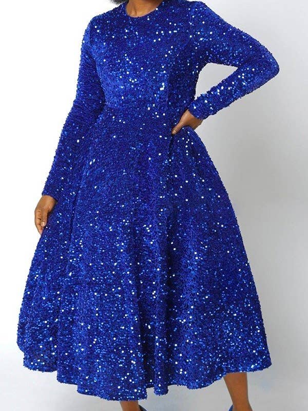 Aria Romance - Wholesale Dress - Women's - Round neck long sleeve solid color sequin high waist style mid-length dress dress